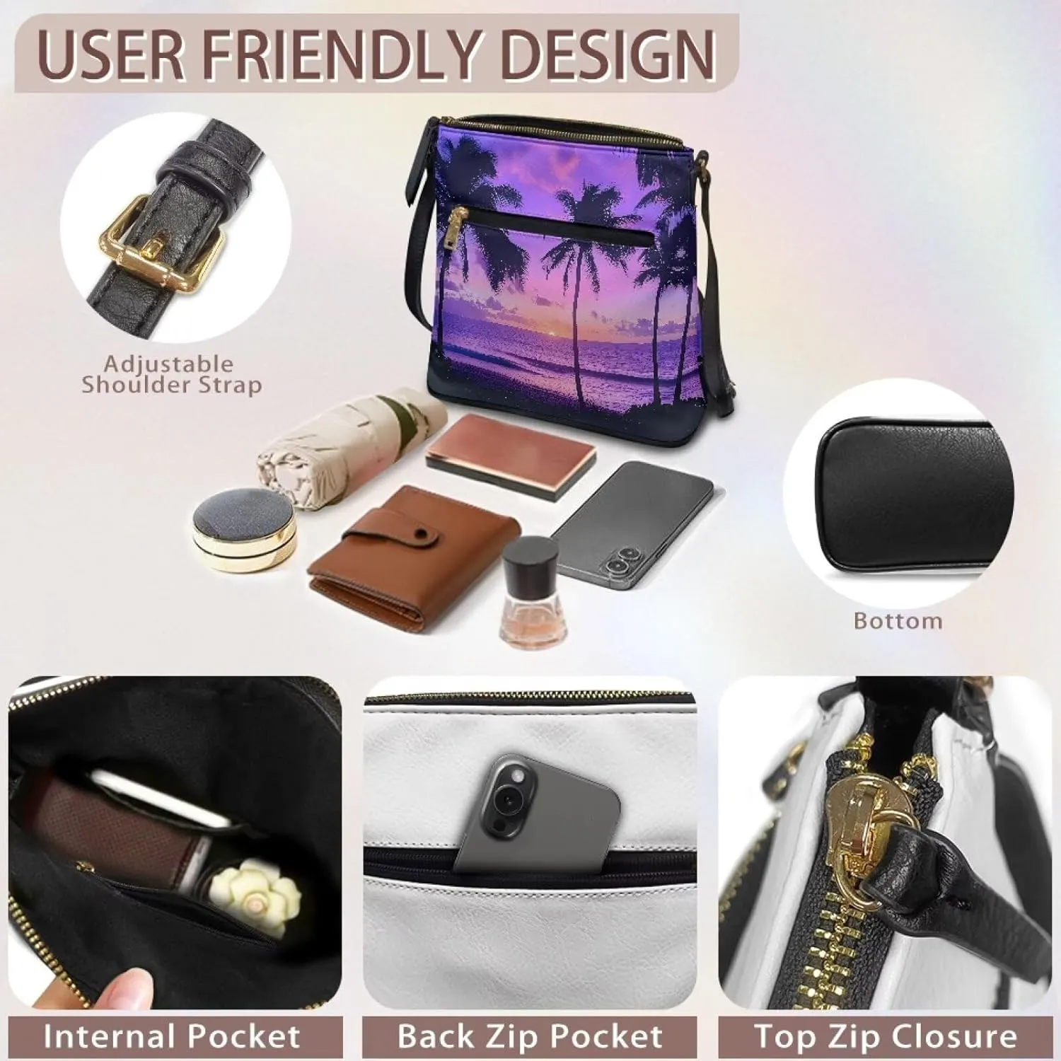 Casual Crossbody Bags for Women PU Shoulder Purse Bag Lightweight Messenger Bag with Zipper for Travel Shopping