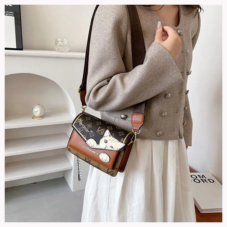 Cat Messenger Bag Women's Aesthetics Checkerboard Shoulder Bag, Mini Square Crossbody Purse Trendy Cartoon Sling Bag