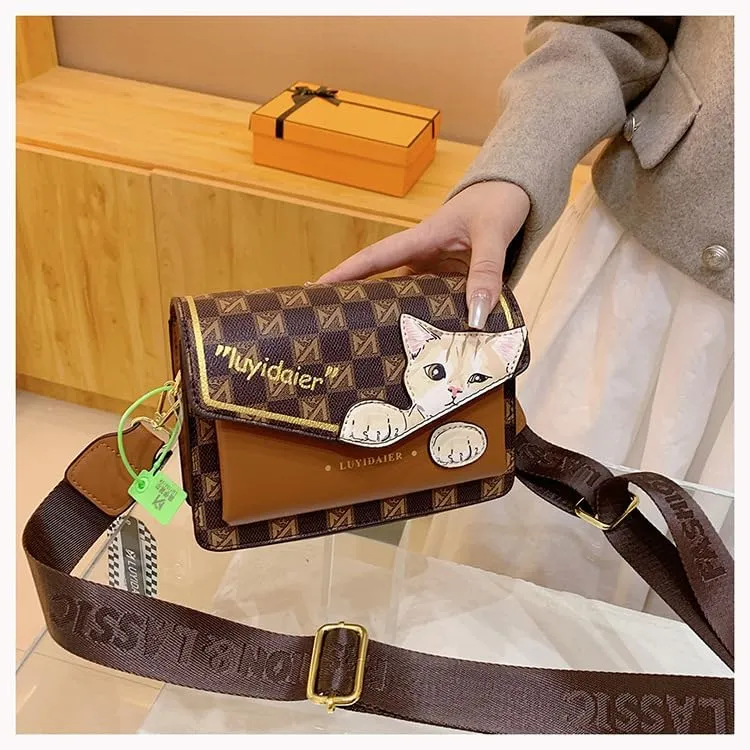 Cat Messenger Bag Women's Aesthetics Checkerboard Shoulder Bag, Mini Square Crossbody Purse Trendy Cartoon Sling Bag