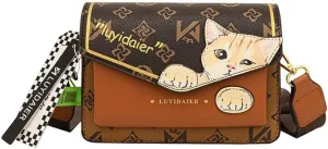 Cat Messenger Bag Women's Aesthetics Checkerboard Shoulder Bag, Mini Square Crossbody Purse Trendy Cartoon Sling Bag