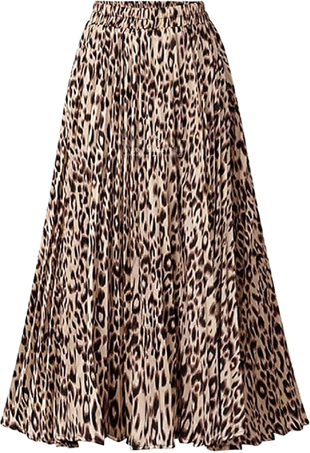 CHARTOU Womens Chic Elastic High Waisted A Line Leopard Print Pleated Shirring Midi-Long Skirt