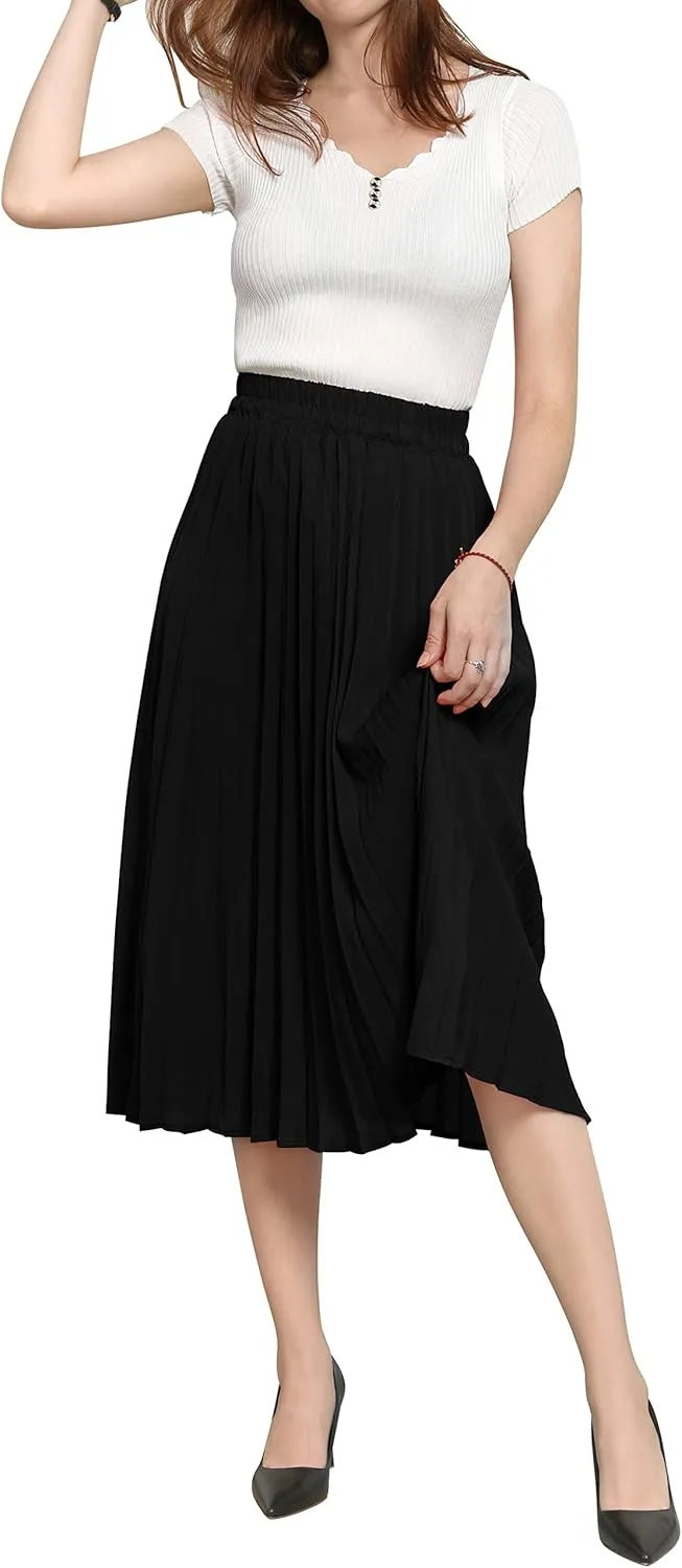 CHARTOU Womens Chic Elastic High Waisted A Line Leopard Print Pleated Shirring Midi-Long Skirt
