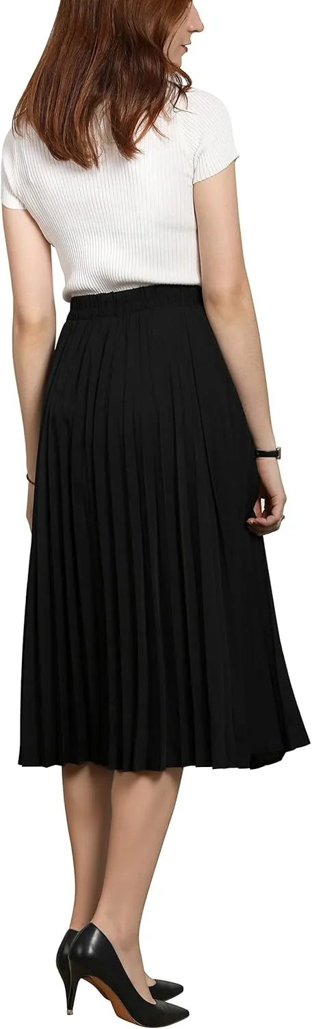 CHARTOU Womens Chic Elastic High Waisted A Line Leopard Print Pleated Shirring Midi-Long Skirt