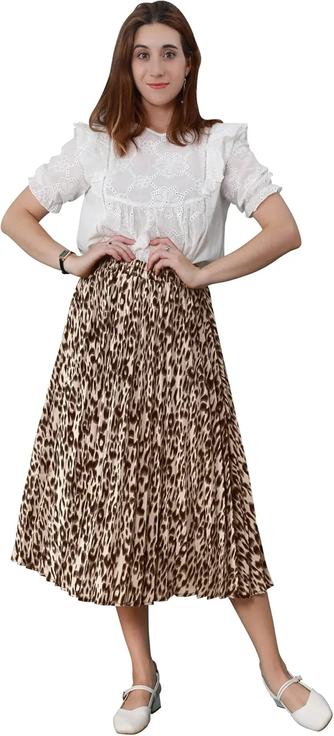 CHARTOU Womens Chic Elastic High Waisted A Line Leopard Print Pleated Shirring Midi-Long Skirt