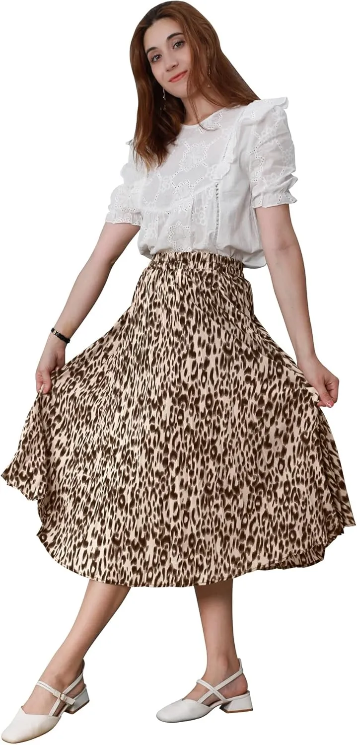 CHARTOU Womens Chic Elastic High Waisted A Line Leopard Print Pleated Shirring Midi-Long Skirt