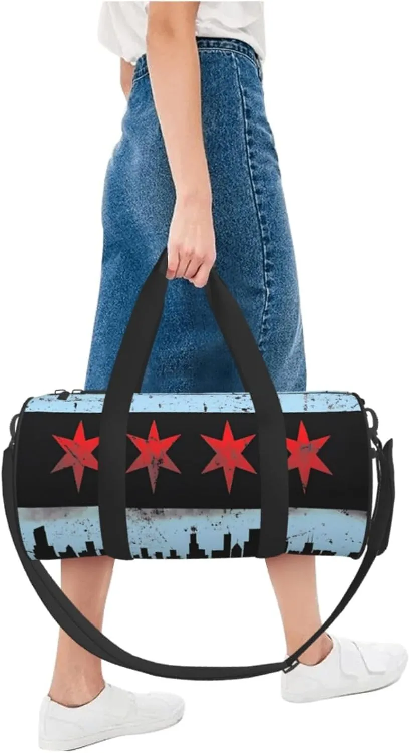 Chicago Skyline Flag Round Travel Duffel Bag Large Capacity Gym Sports Bags for Hiking Vacation Trips