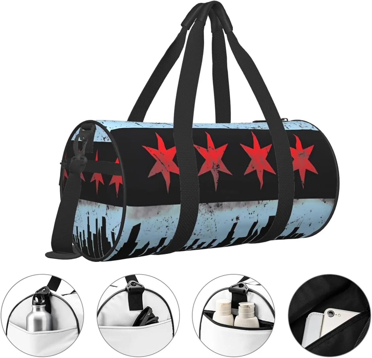 Chicago Skyline Flag Round Travel Duffel Bag Large Capacity Gym Sports Bags for Hiking Vacation Trips