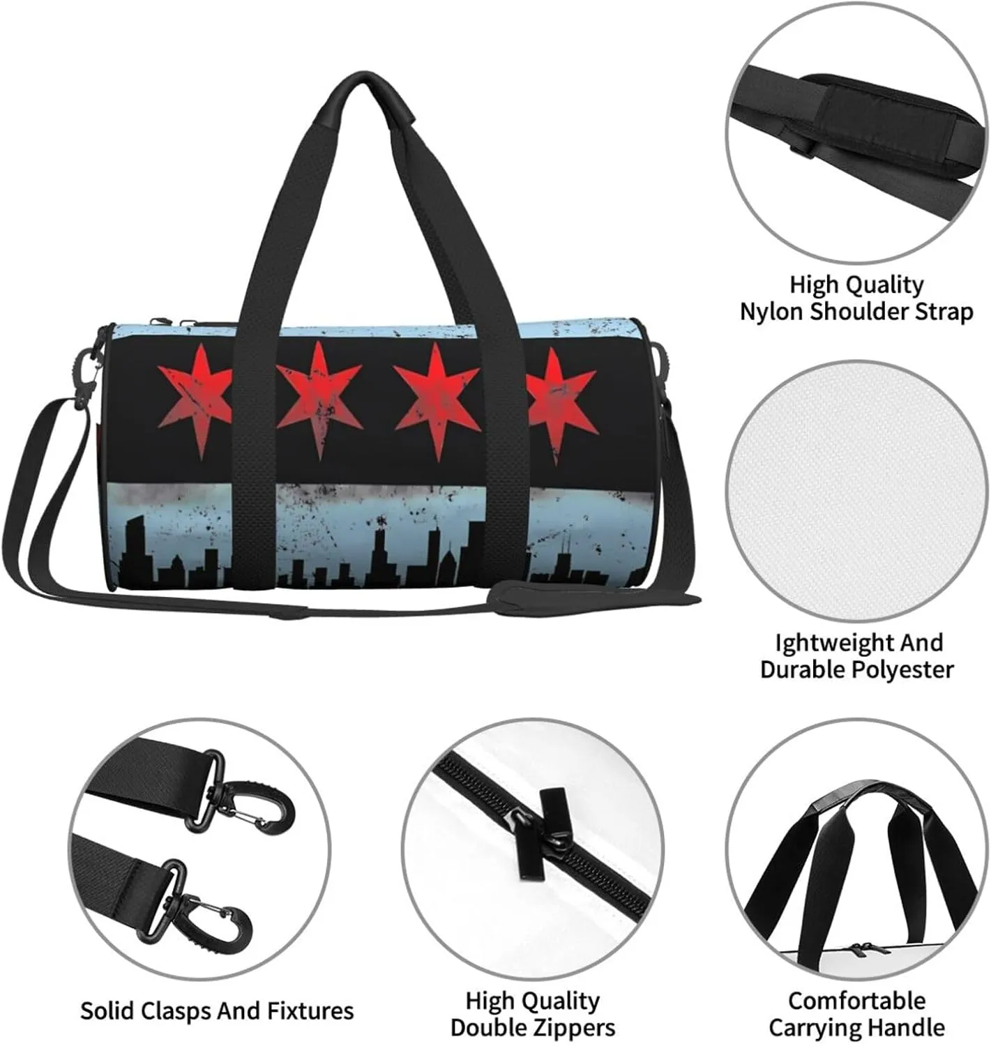 Chicago Skyline Flag Round Travel Duffel Bag Large Capacity Gym Sports Bags for Hiking Vacation Trips