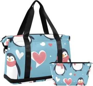 Christmas Penguin Heart Duffel Bags Large Carry On Bag with Toiletry Bag for Sports Foldable