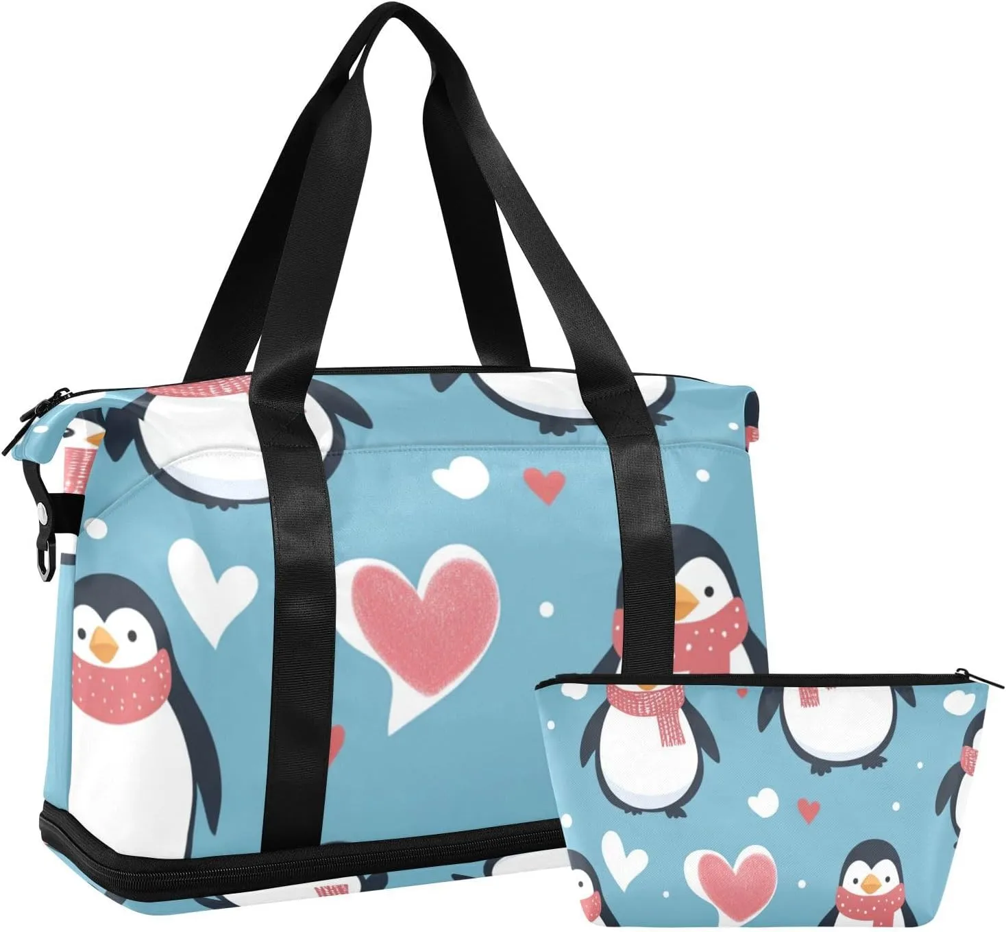 Christmas Penguin Heart Duffel Bags Large Carry On Bag with Toiletry Bag for Sports Foldable