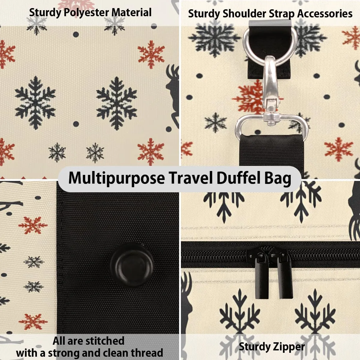 Christmas Theme Travel Duffle Bag for Women Men Gym Duffel Foldable Bag Waterproof Weekender Snowflake Reindeer Duffle Tote