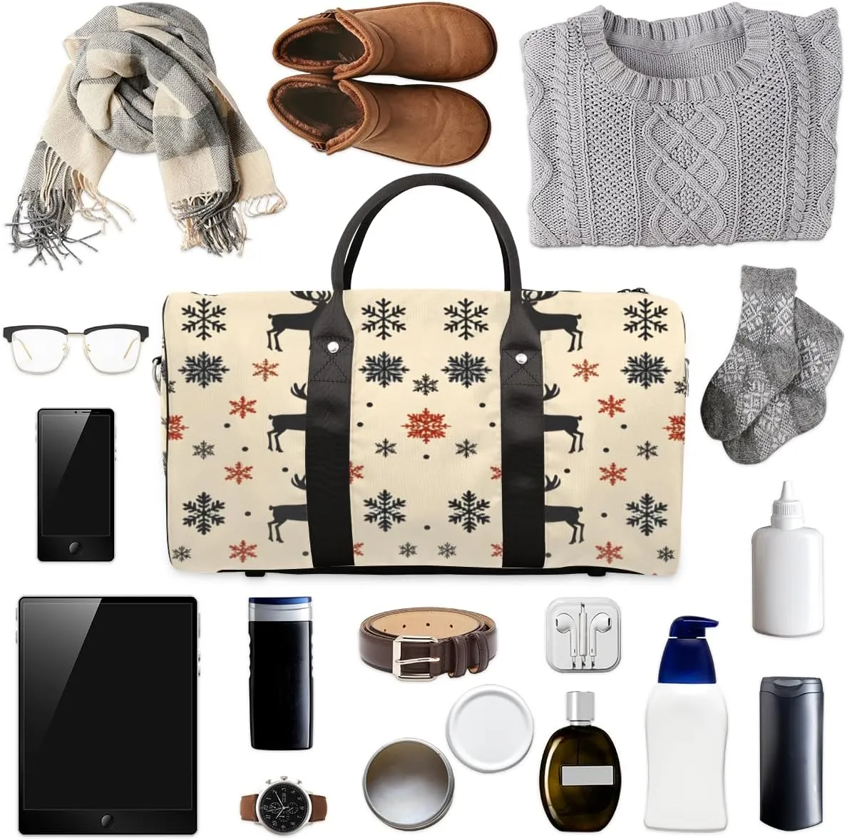 Christmas Theme Travel Duffle Bag for Women Men Gym Duffel Foldable Bag Waterproof Weekender Snowflake Reindeer Duffle Tote