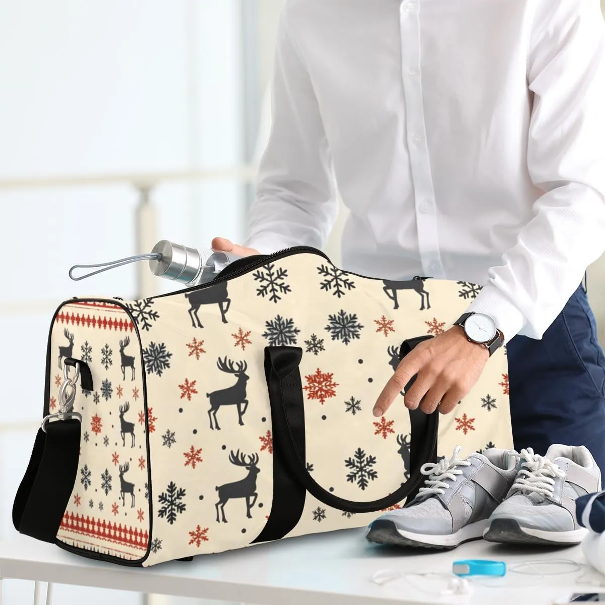 Christmas Theme Travel Duffle Bag for Women Men Gym Duffel Foldable Bag Waterproof Weekender Snowflake Reindeer Duffle Tote