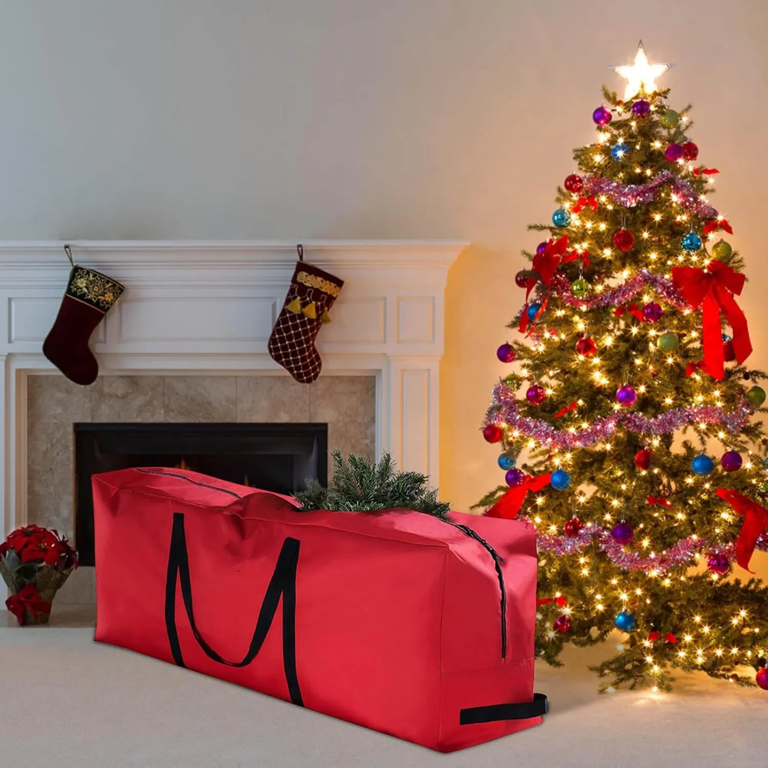 Christmas Tree Storage Bag Oxford Waterproof Duffel Bag Fits up to 4 Ft Christmas Tree Multipurpose Storage Bag with Reinforced Handles Double Zippers Tear Proof Holiday Storage Container (Red)