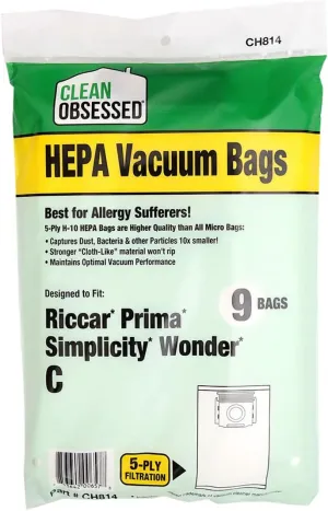 Clean Obsessed H-10 HEPA Bags Fits Riccar Prima and Simplicity Wonder Type C (9 Bag Pack)