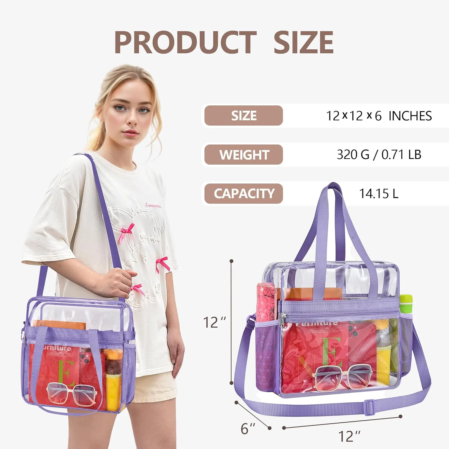 Clear Bag for Stadium Events - 12x6x12, Transparent Sports Bag with Reinforced Shoulder Straps