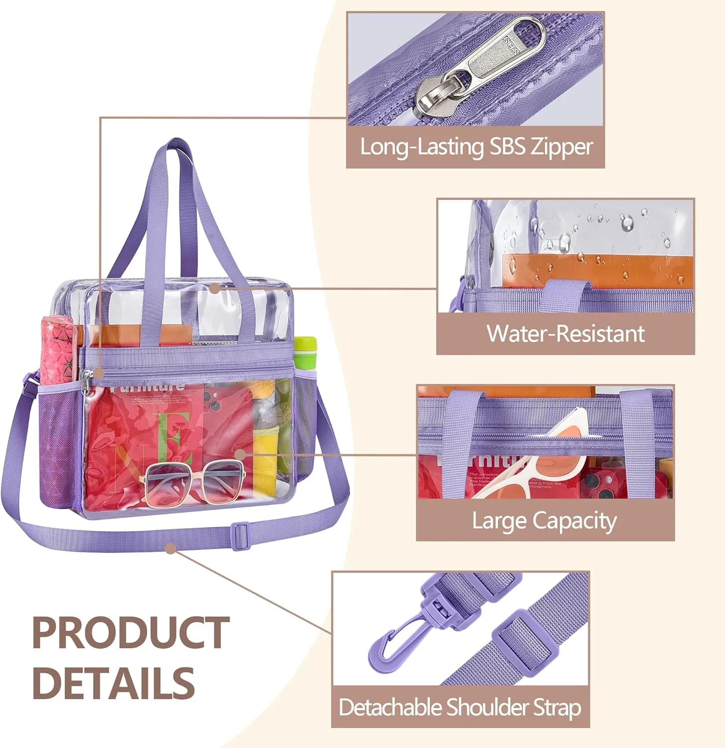 Clear Bag for Stadium Events - 12x6x12, Transparent Sports Bag with Reinforced Shoulder Straps