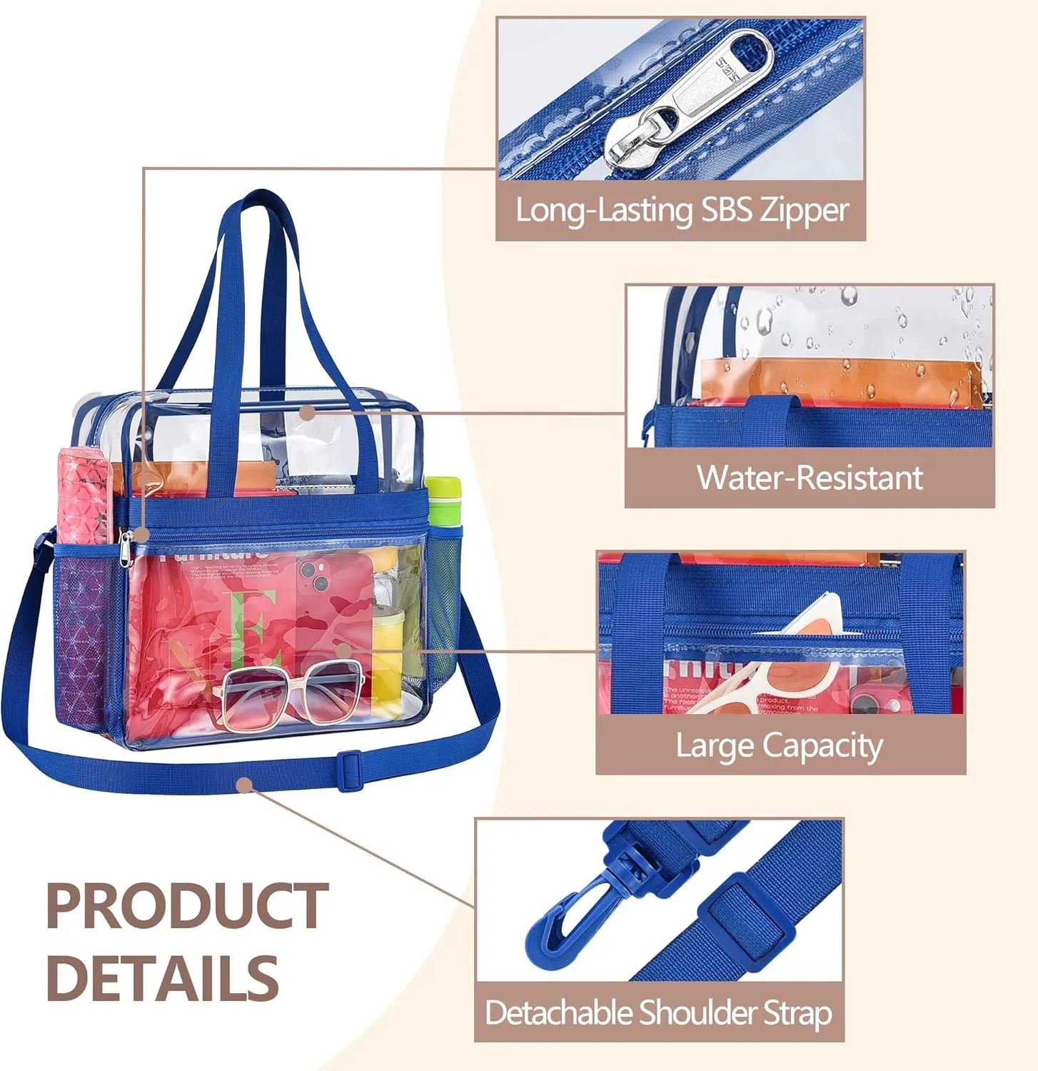 Clear Bag for Stadium Events - 12x6x12, Transparent Sports Bag with Reinforced Shoulder Straps
