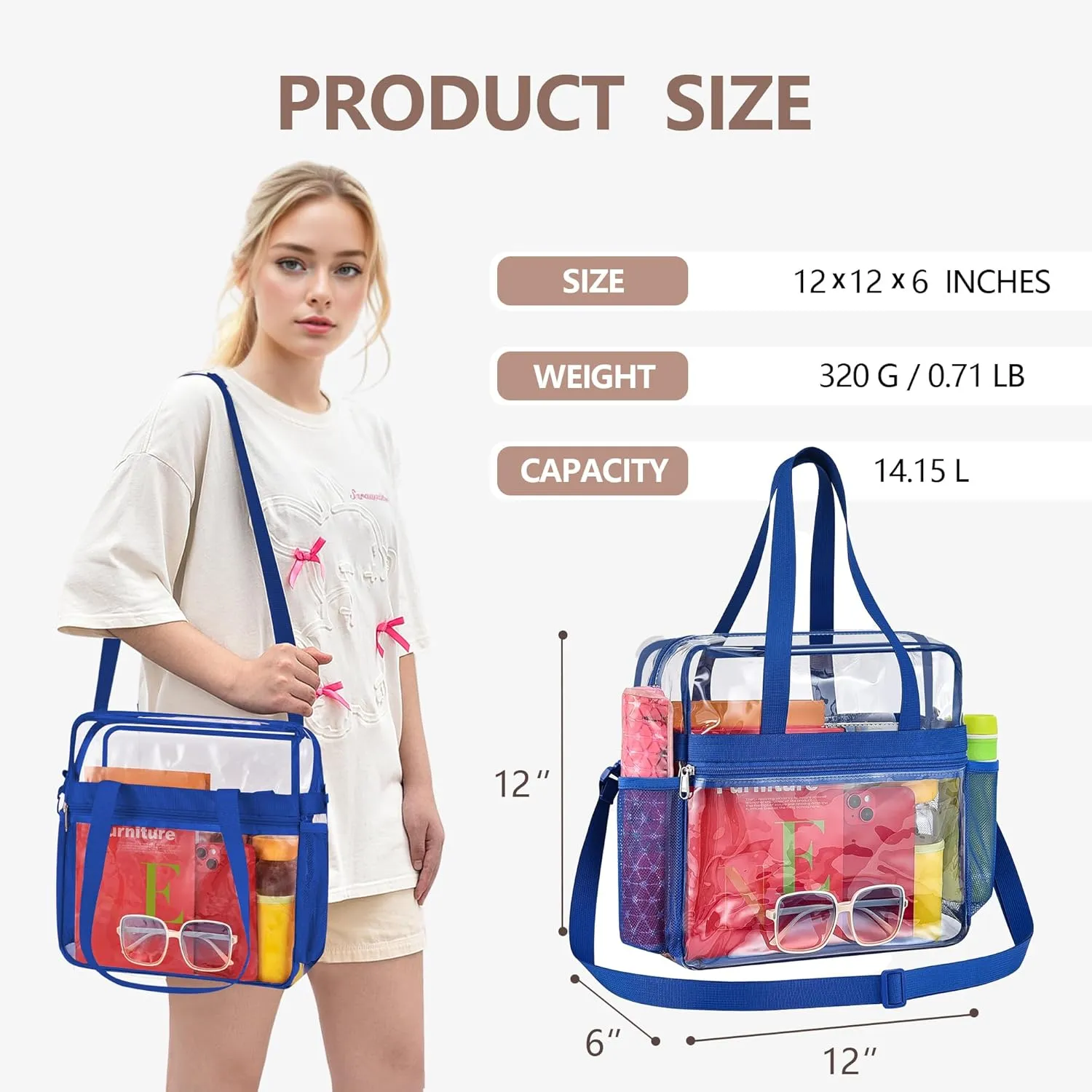 Clear Bag for Stadium Events - 12x6x12, Transparent Sports Bag with Reinforced Shoulder Straps