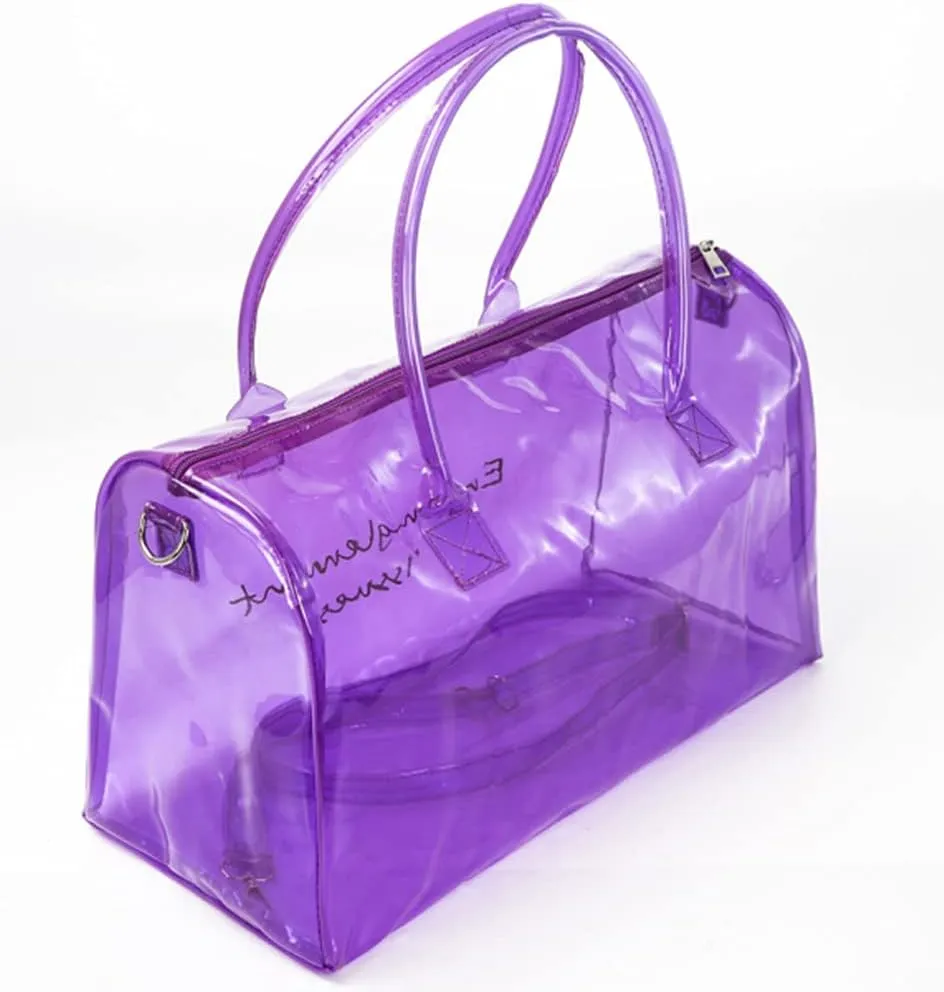 Clear Gym Bag for Women, Clear PVC Tote Bag Large Sports Duffel Bag Bright Candy Color Jelly Bag with Durable Metal Zipper for Gym, Travel, Beach Purple