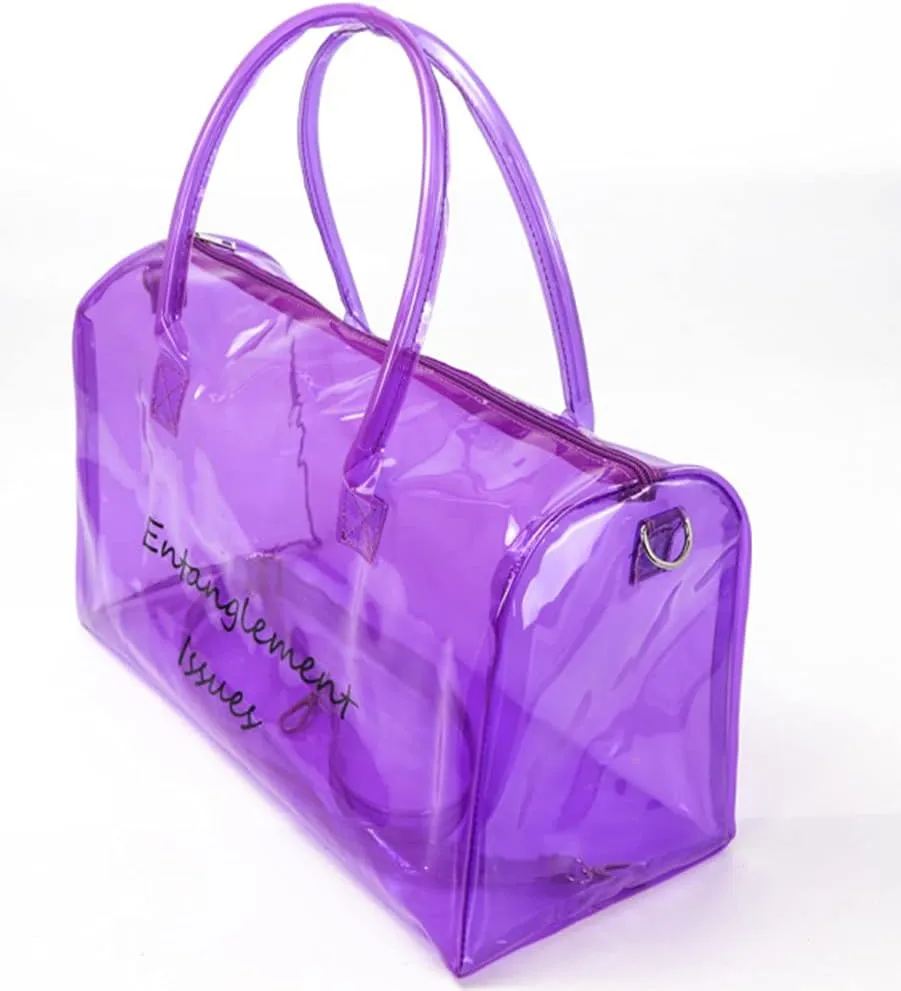 Clear Gym Bag for Women, Clear PVC Tote Bag Large Sports Duffel Bag Bright Candy Color Jelly Bag with Durable Metal Zipper for Gym, Travel, Beach Purple