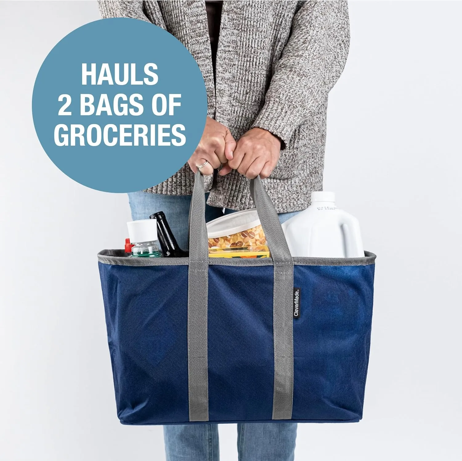CleverMade EcoBasket 30 Liter Reusable Tote Bag with Reinforced Bottom: Collapsible Grocery Shopping Basket