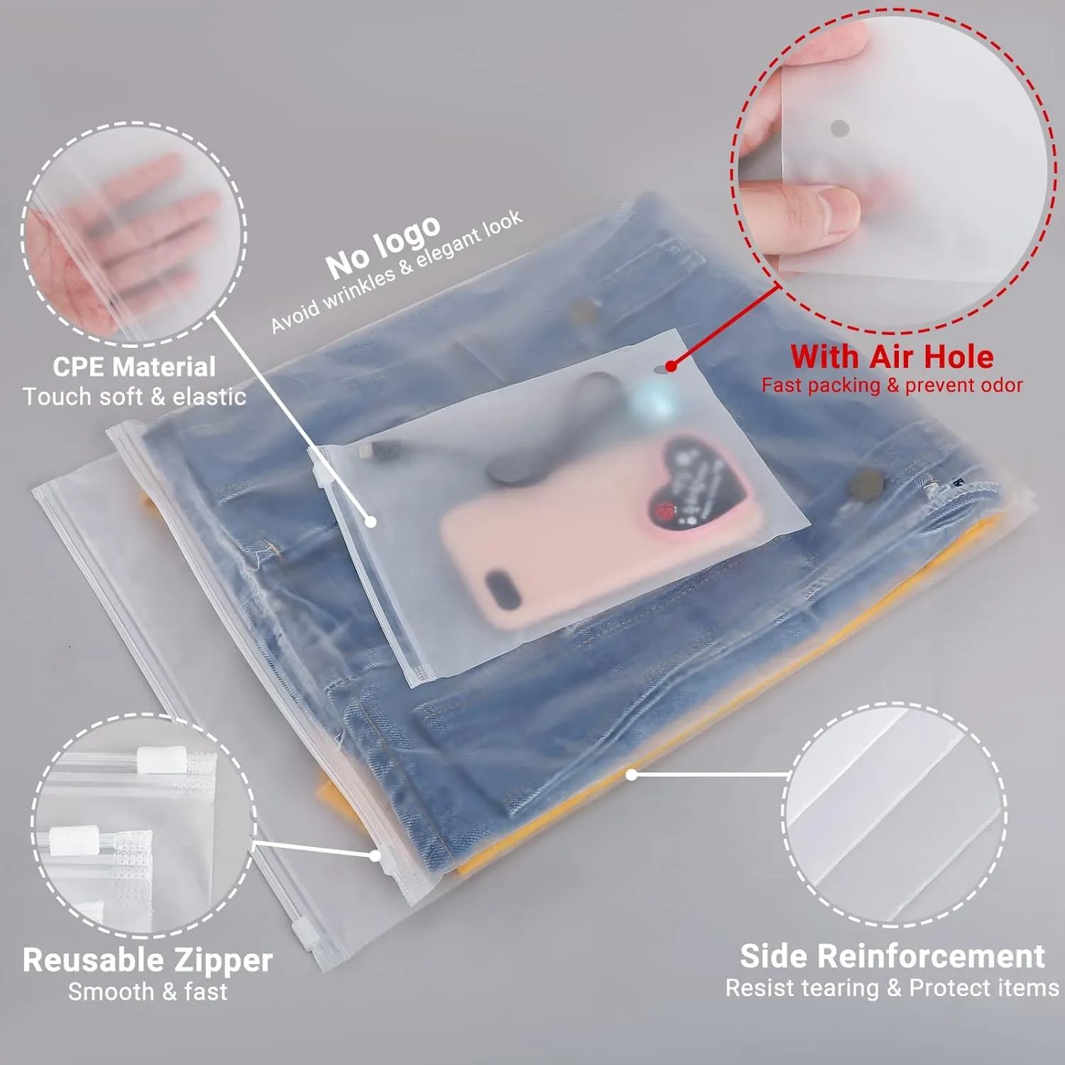 Clothes Packaging Bags, 100 Count 12x14 inch Frosted Zipper Plastic Bags for Clothing, Thick Plastic Apparel Bag for Packaging T-Shirt, Shirt, Document, 3 Mil, with Vent Holes Storage Bag