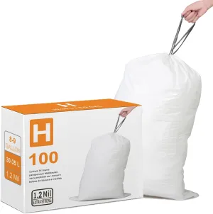 Code H 8-9 Gallon Heavy Duty Trash Bags 1.2 Mil THICK 100 Count with Reinforced Drawstring 30-35 Liter Compatible with simplehuman Code H White Garbage Liners 1.2 Mil THICK Leak-Proof Tear Resistant