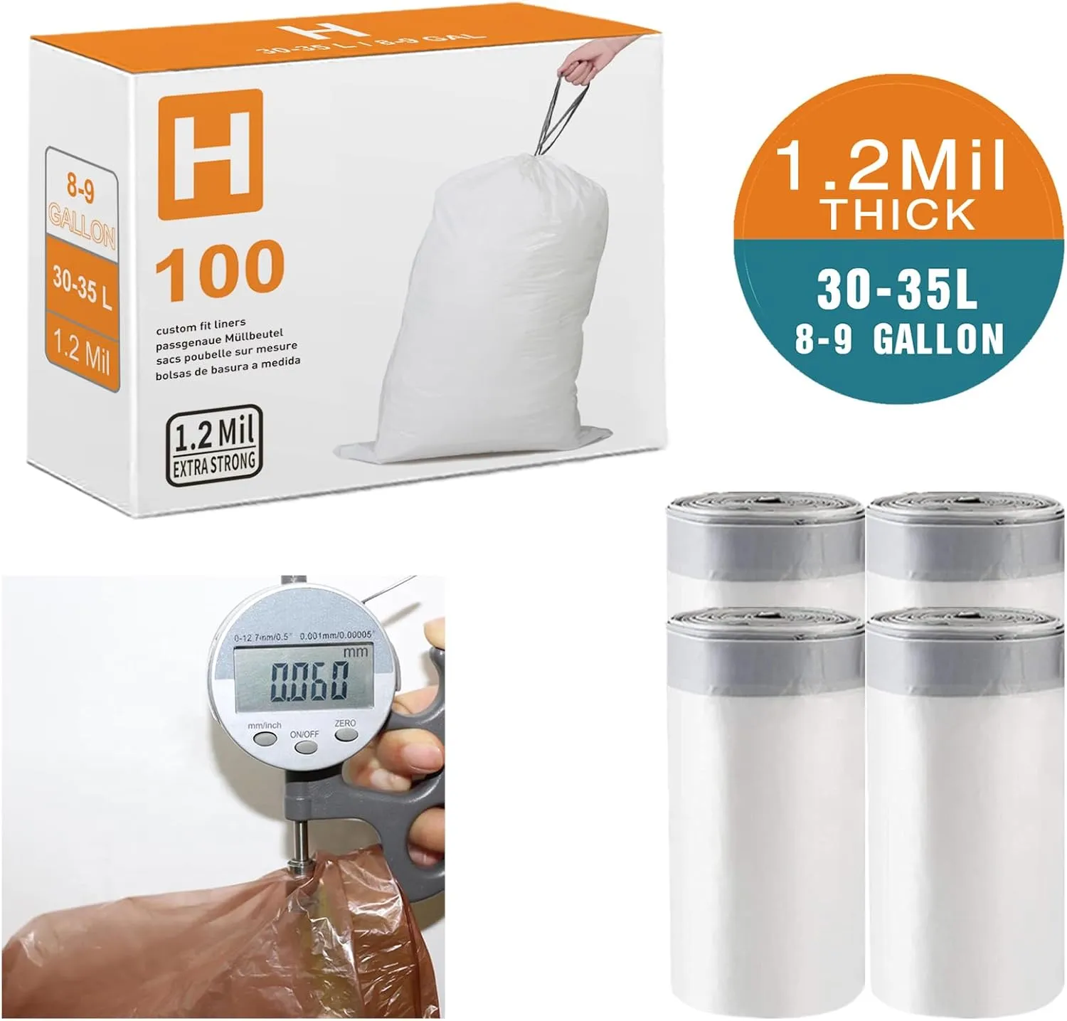 Code H 8-9 Gallon Heavy Duty Trash Bags 1.2 Mil THICK 100 Count with Reinforced Drawstring 30-35 Liter Compatible with simplehuman Code H White Garbage Liners 1.2 Mil THICK Leak-Proof Tear Resistant