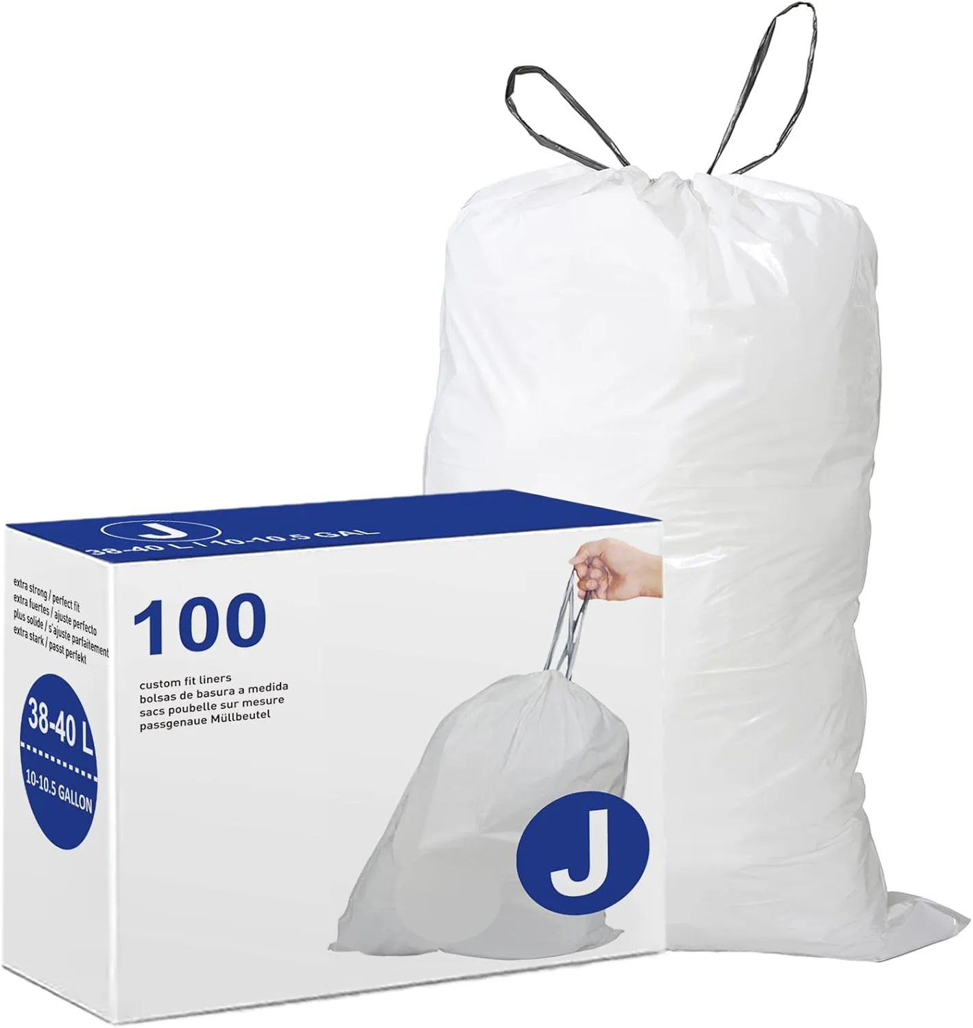 Code J Drawstring Trash Bags Compatible with simplehuman Code J | 9-12 Gallon 35-45 Liter | 100 Count | 1.2 Mil | Heavy Duty White Custom Fit Garbage Liners (Pack of 1)
