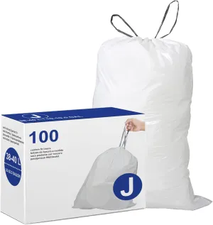 Code J Drawstring Trash Bags Compatible with simplehuman Code J | 9-12 Gallon 35-45 Liter | 100 Count | 1.2 Mil | Heavy Duty White Custom Fit Garbage Liners (Pack of 1)