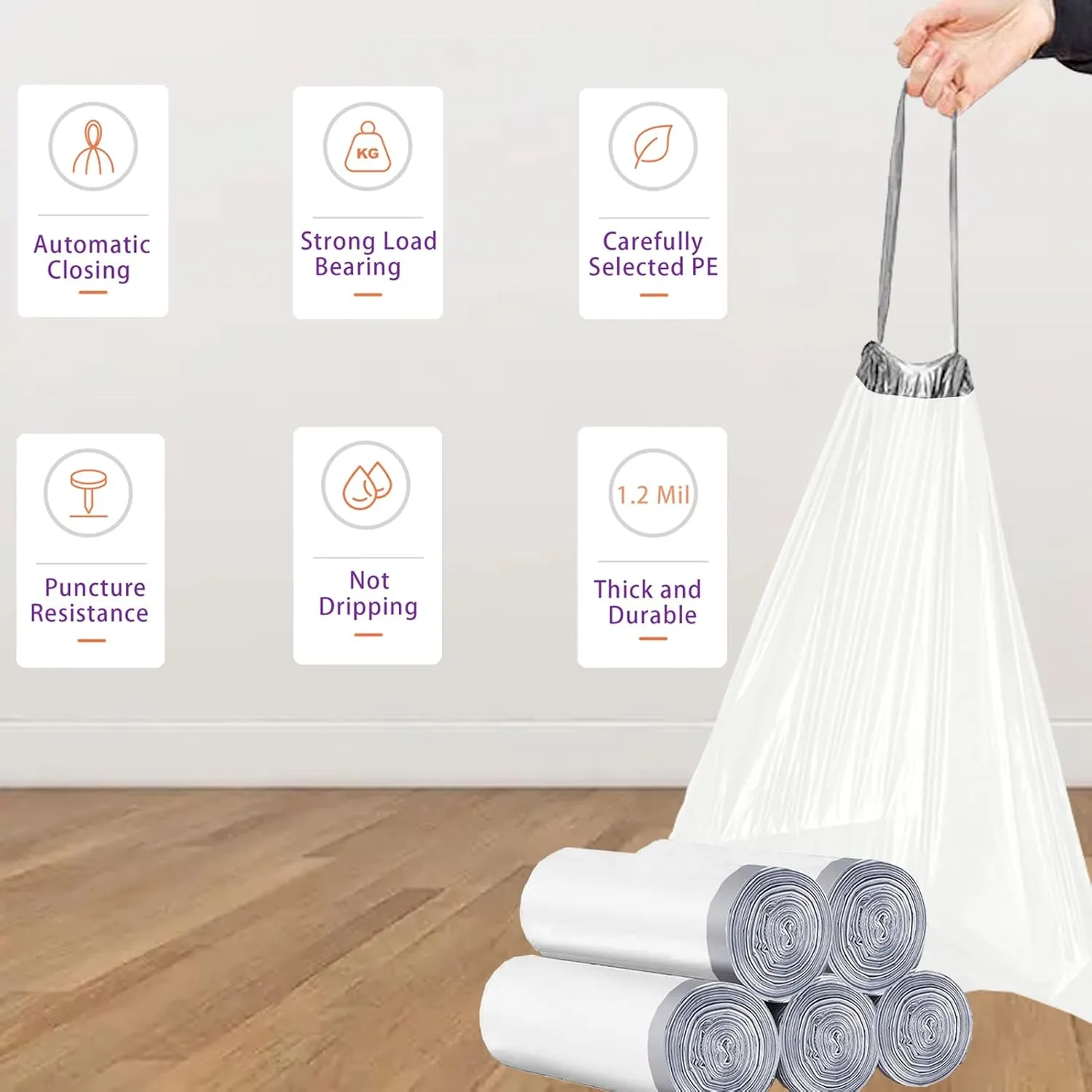 Code K 200 Count Drawstring Trash Bags 1.2 Mil THICK Heavy Duty | Compatible with simplehuman Code K | White Garbage Can Liners 9-12 Gallon / 35-45 Liter Heavy Duty Plastic Trash Bags