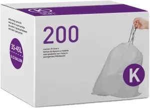 Code K 200 Count Drawstring Trash Bags 1.2 Mil THICK Heavy Duty | Compatible with simplehuman Code K | White Garbage Can Liners 9-12 Gallon / 35-45 Liter Heavy Duty Plastic Trash Bags