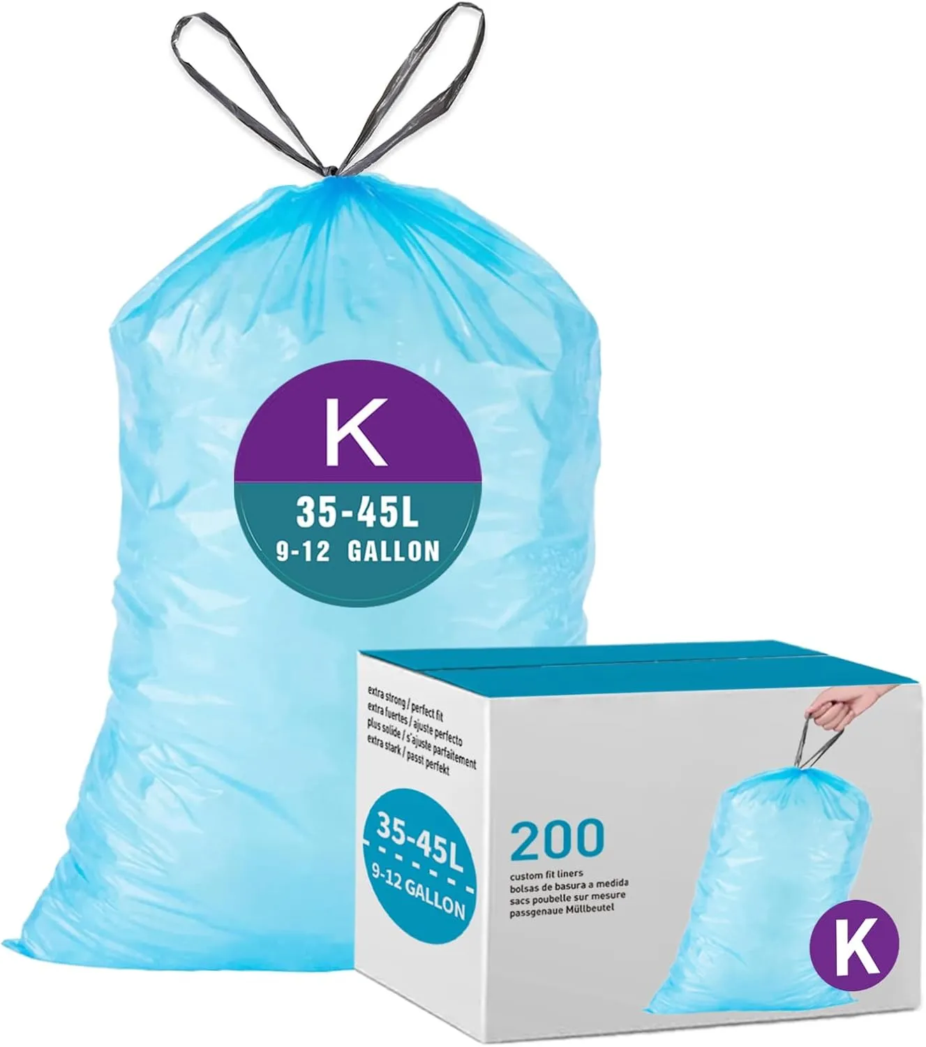 Code K (200 Count) Heavy Duty Trash Bags Blue | Reliable1st Compatible with simpleman Code K | Blue Drawstring Garbage Liners 9-12 Gallon/35-45 Liter | Reinforced Drawstring Garbage Liners