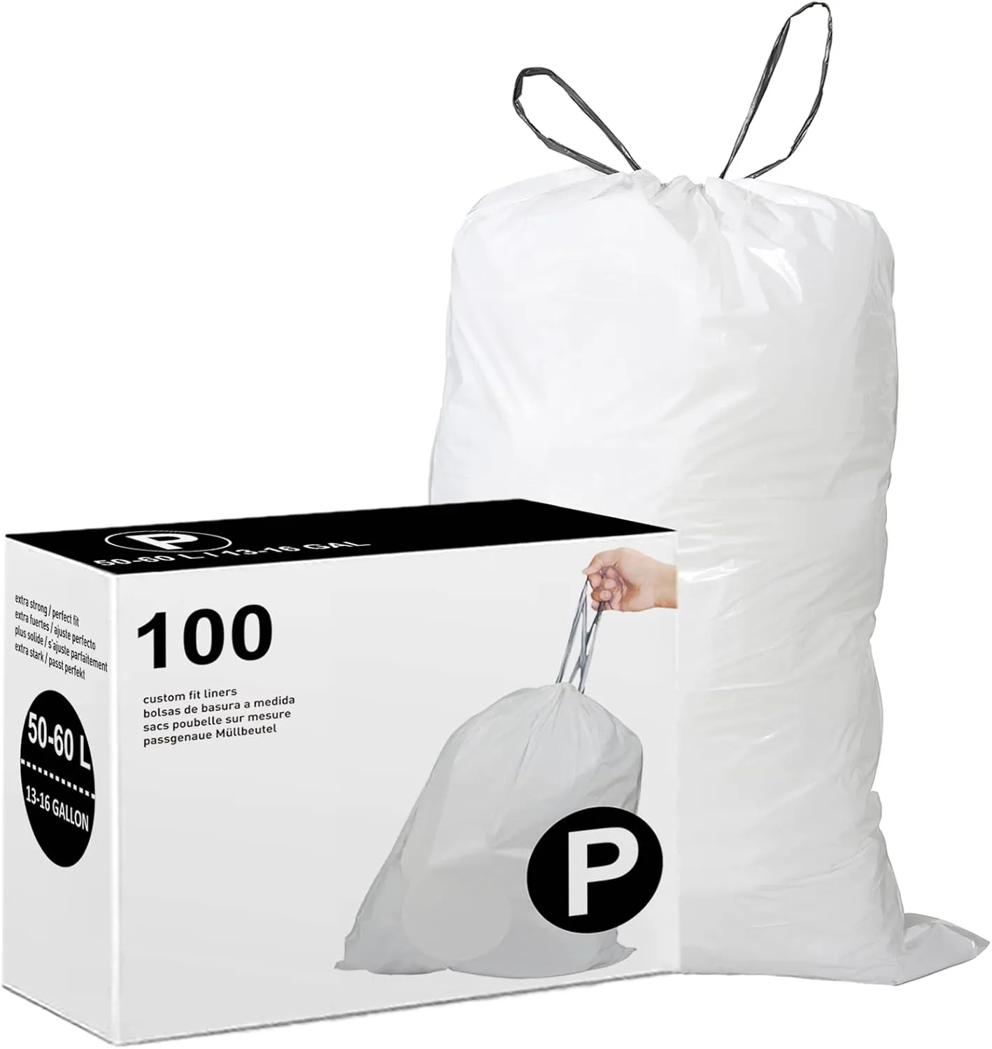 Code P Drawstring Trash Bags Compatible with simplehuman Code P | 13-16 Gallon 50-60 Liter | 100 Count | 1.2 Mil | Heavy Duty White Custom Fit Garbage Liners (Pack of 1)