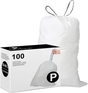 Code P Drawstring Trash Bags Compatible with simplehuman Code P | 13-16 Gallon 50-60 Liter | 100 Count | 1.2 Mil | Heavy Duty White Custom Fit Garbage Liners (Pack of 1)