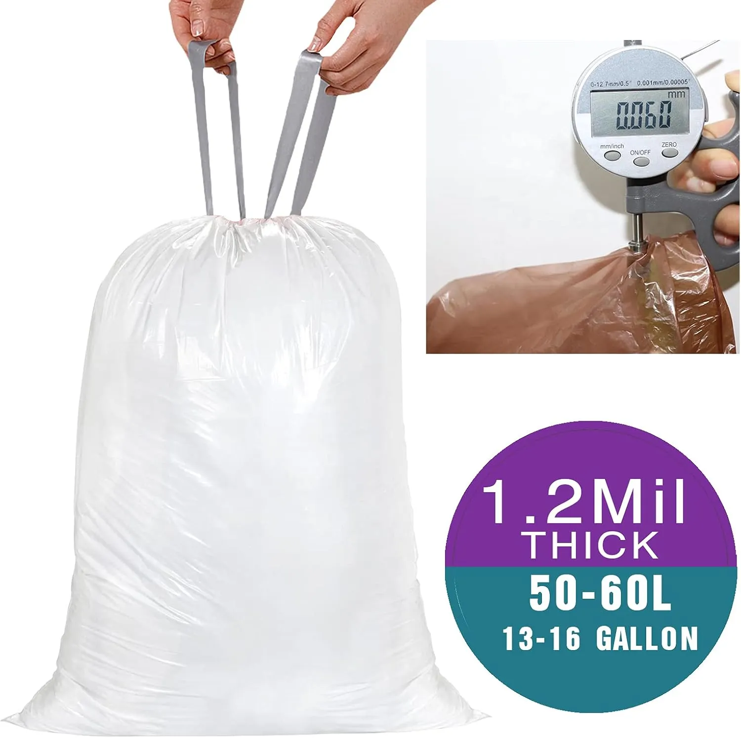 Code P Drawstring Trash Bags Compatible with simplehuman Code P | 13-16 Gallon 50-60 Liter | 100 Count | 1.2 Mil | Heavy Duty White Custom Fit Garbage Liners (Pack of 1)