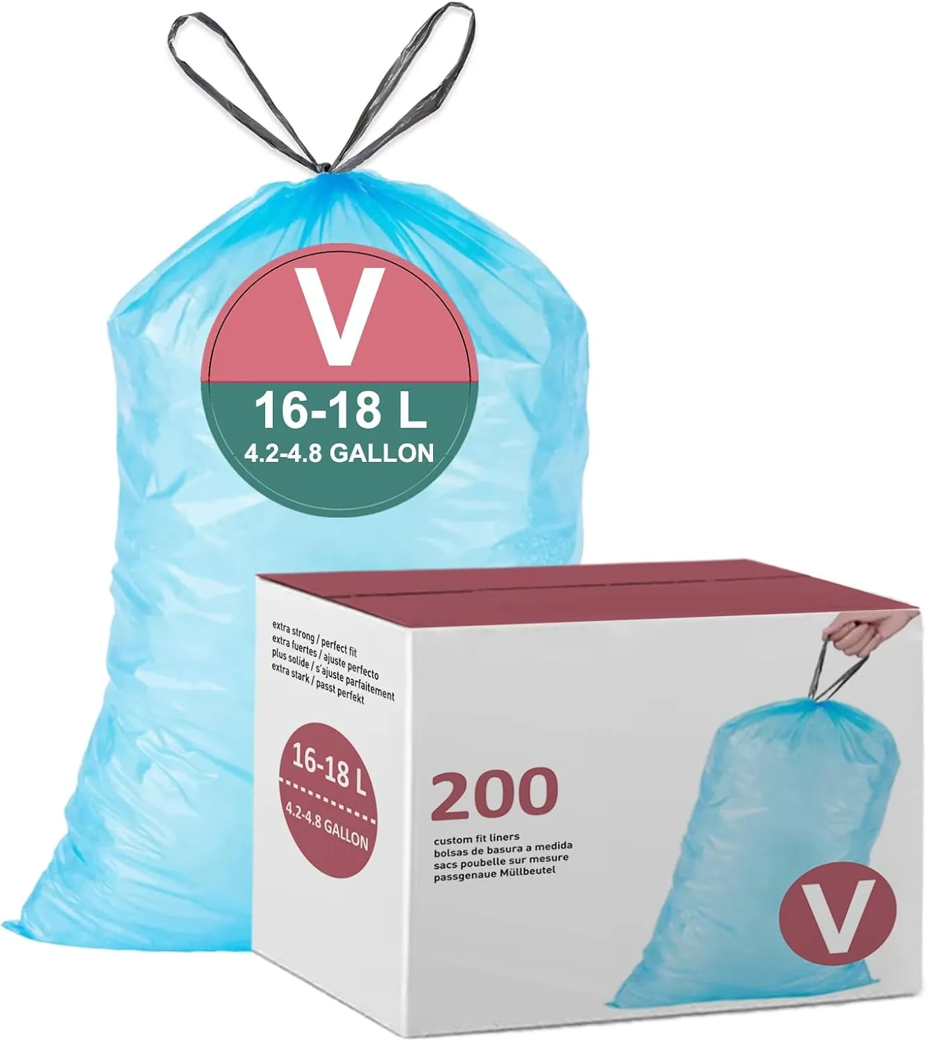 Code V (200 Count) Heavy Duty Trash Bags Blue Compatible with simpleman Code V | Reinforced Drawstring Garbage Liners 4.2-4.8 Gallon/16-18 Liter| Tear & Leak Resistant