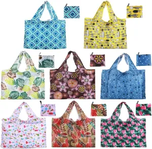 CODOBON Grocery Bags Reusable Foldable 8 Pack Shopping Bags Large 50LBS Groceries Bags Ripstop Waterproof Machine Washable Eco-Friendly Nylon (plants-8pack)