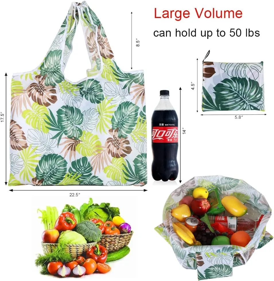 CODOBON Grocery Bags Reusable Foldable 8 Pack Shopping Bags Large 50LBS Groceries Bags Ripstop Waterproof Machine Washable Eco-Friendly Nylon (plants-8pack)