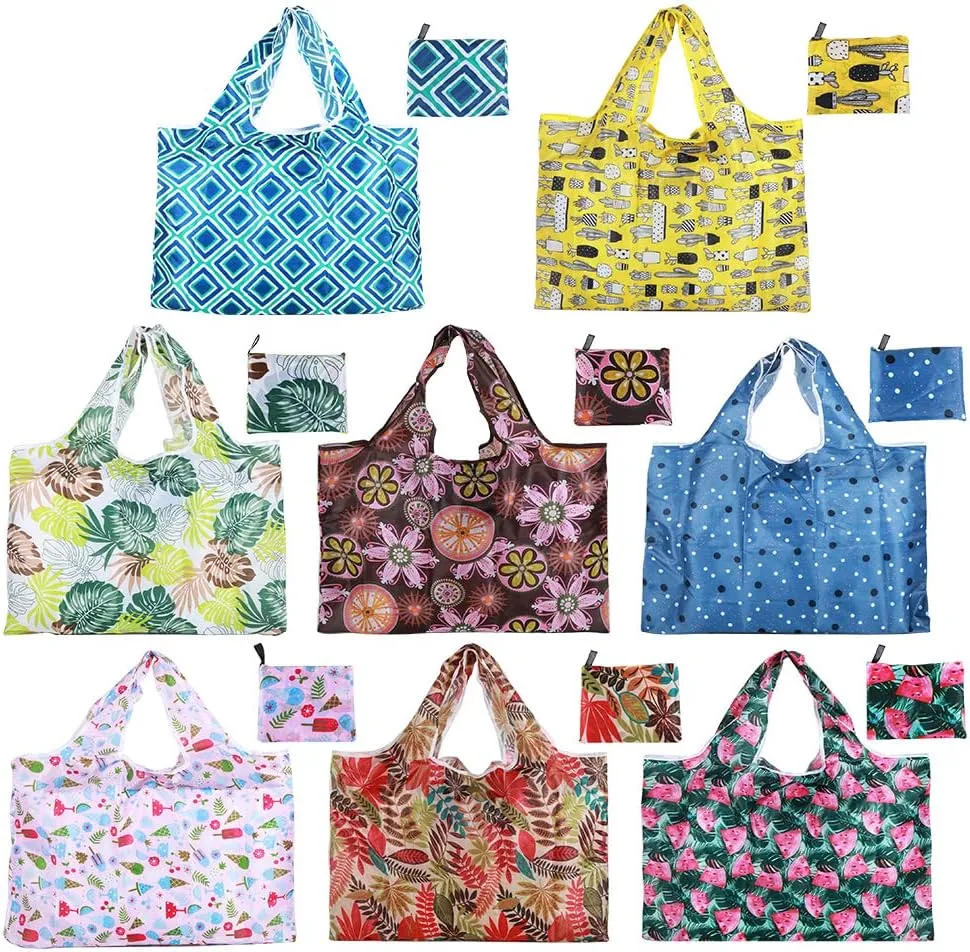 CODOBON Grocery Bags Reusable Foldable 8 Pack Shopping Bags Large 50LBS Groceries Bags Ripstop Waterproof Machine Washable Eco-Friendly Nylon (plants-8pack)