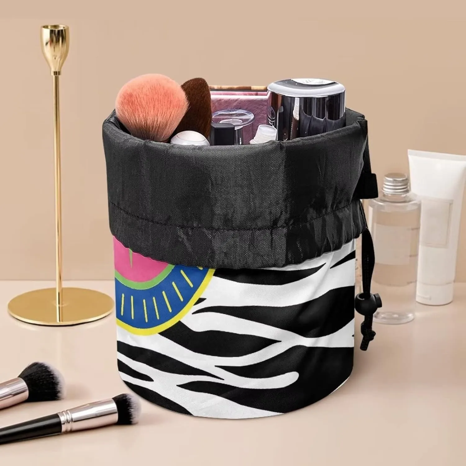 COEQINE Drawstring Cosmetic Bags, Clock Pattern Makeup Tote Bags for Women Female Portable Wash Bags for Travel Toiletry Organizer