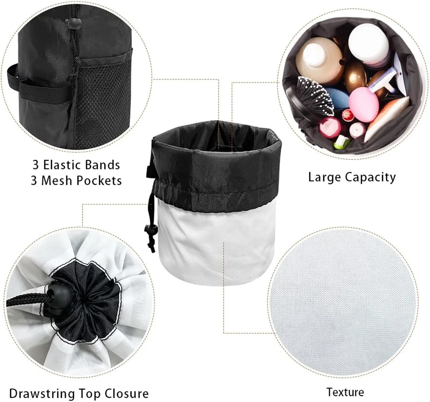 COEQINE Drawstring Cosmetic Bags, Clock Pattern Makeup Tote Bags for Women Female Portable Wash Bags for Travel Toiletry Organizer