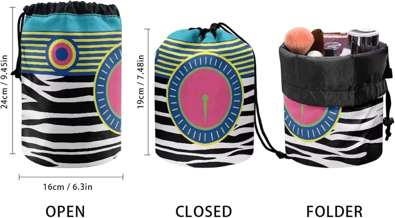 COEQINE Drawstring Cosmetic Bags, Clock Pattern Makeup Tote Bags for Women Female Portable Wash Bags for Travel Toiletry Organizer