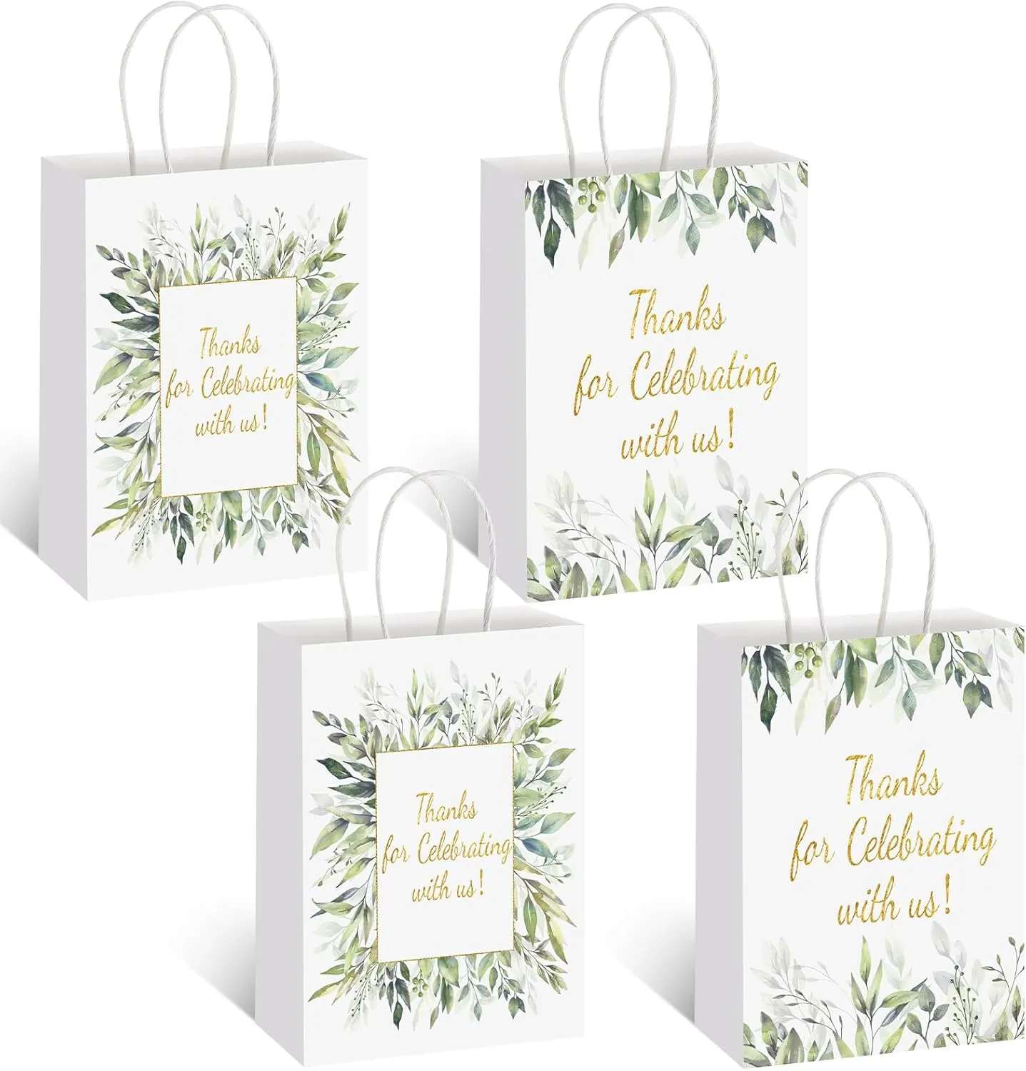 Colarr 24 Pcs Greenery Thank You Gift Bags Bulk 4 Design with Handles Wedding Thank You Baby Shower Favor Paper Bags for Wedding Birthday Favors Graduation Party Gifts 6.3 x 3.1 x 8.7 Inches