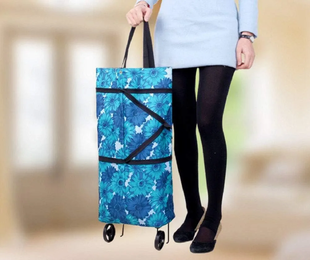 Collapsible Trolley Bags Folding Shopping Cart with Wheels - Reusable Grocery Bags (Blue, Large)