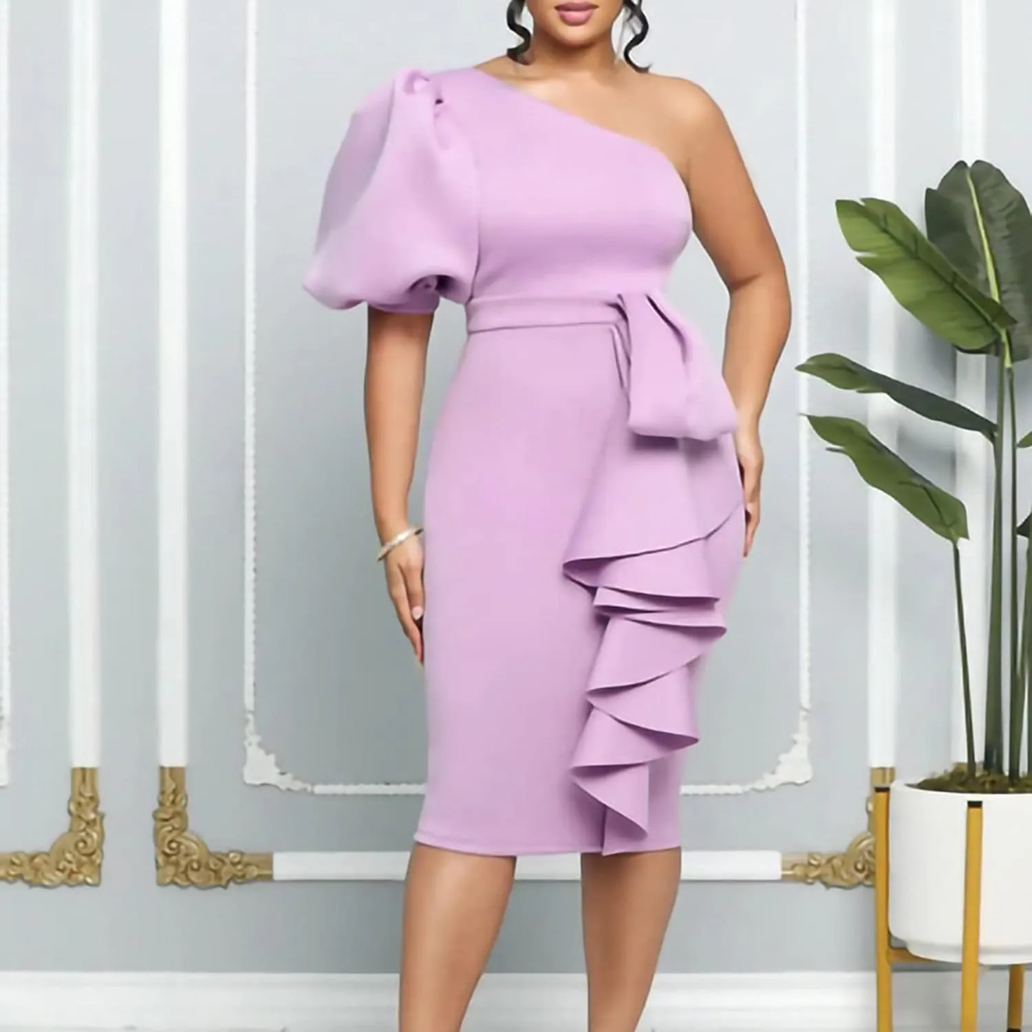 Cololura Women Sexy Elegant V Neck Short Sleeve Slit Ruffle Maxi Dress Formal Pencil Bodycon Midi Dress