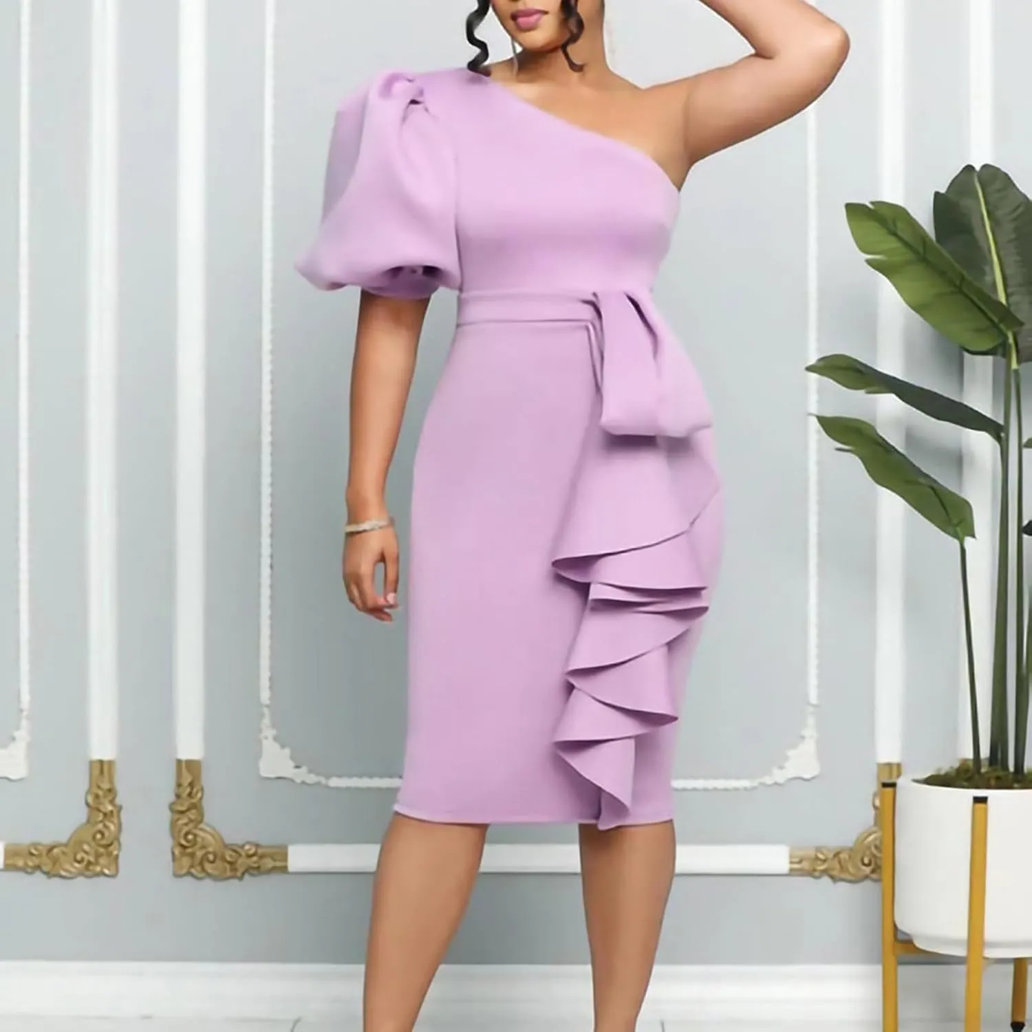 Cololura Women Sexy Elegant V Neck Short Sleeve Slit Ruffle Maxi Dress Formal Pencil Bodycon Midi Dress
