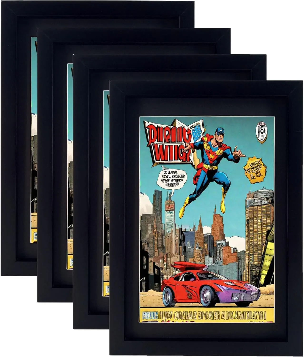 Comic Book Frame 4 Pack, Black & White Double Mats, UV Protection, Fits Current and Standard Size Comic up to 6 3/4" x 10 1/4", Fits Comic Book Bags and Sleeves, Wall or Tabletop Display