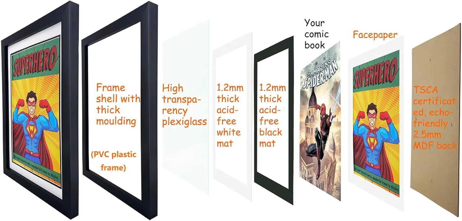 Comic Book Frame 4 Pack, Black & White Double Mats, UV Protection, Fits Current and Standard Size Comic up to 6 3/4" x 10 1/4", Fits Comic Book Bags and Sleeves, Wall or Tabletop Display